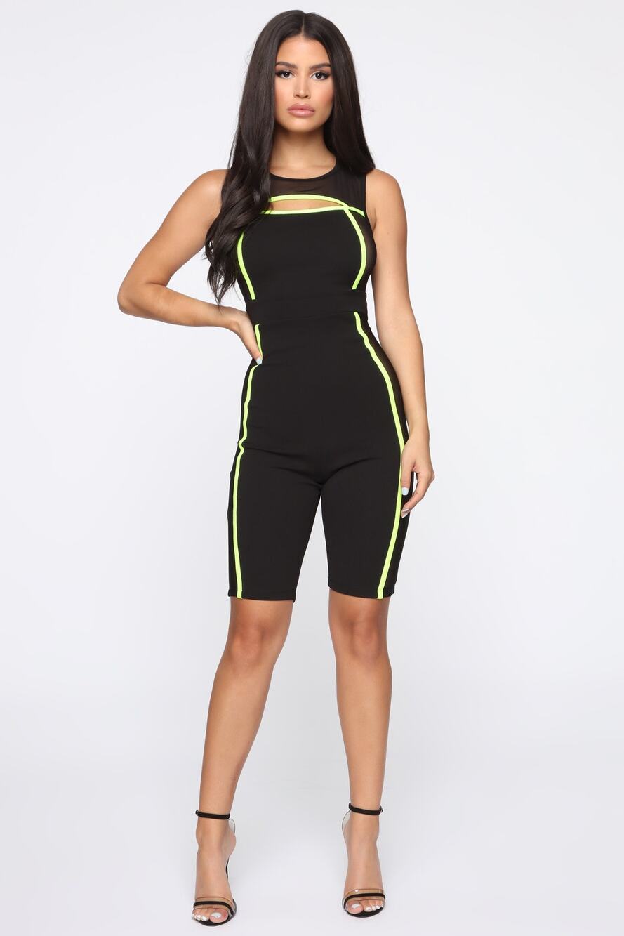 Black Neon Green One-Piece Open Bust Athletic One-Piece Women's